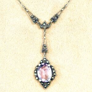 Vintage Marcasite & Amethyst Sterling Silver 925 Art Deco Gatsby Necklace